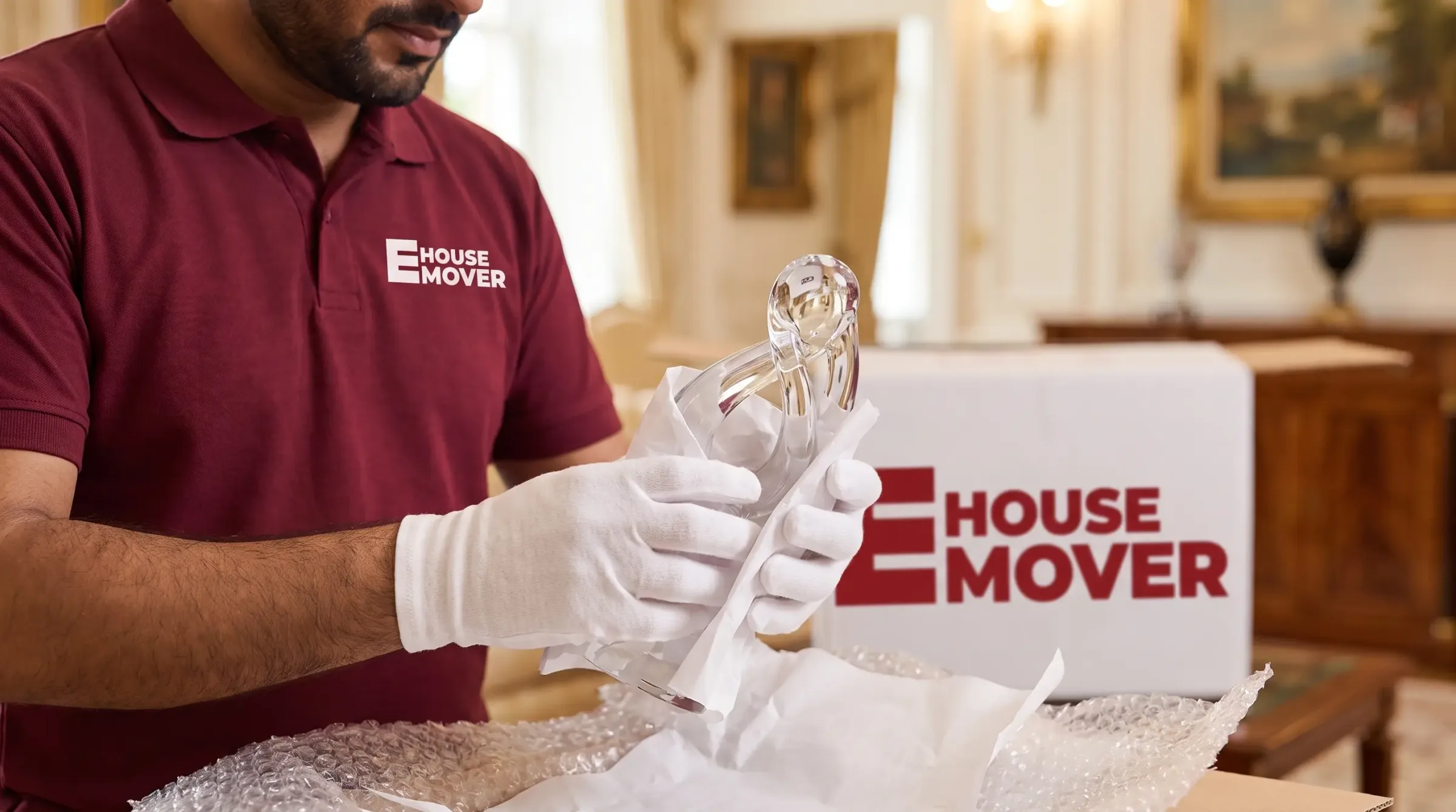 E House Mover Team Carefully Packing Fragile Glass Items