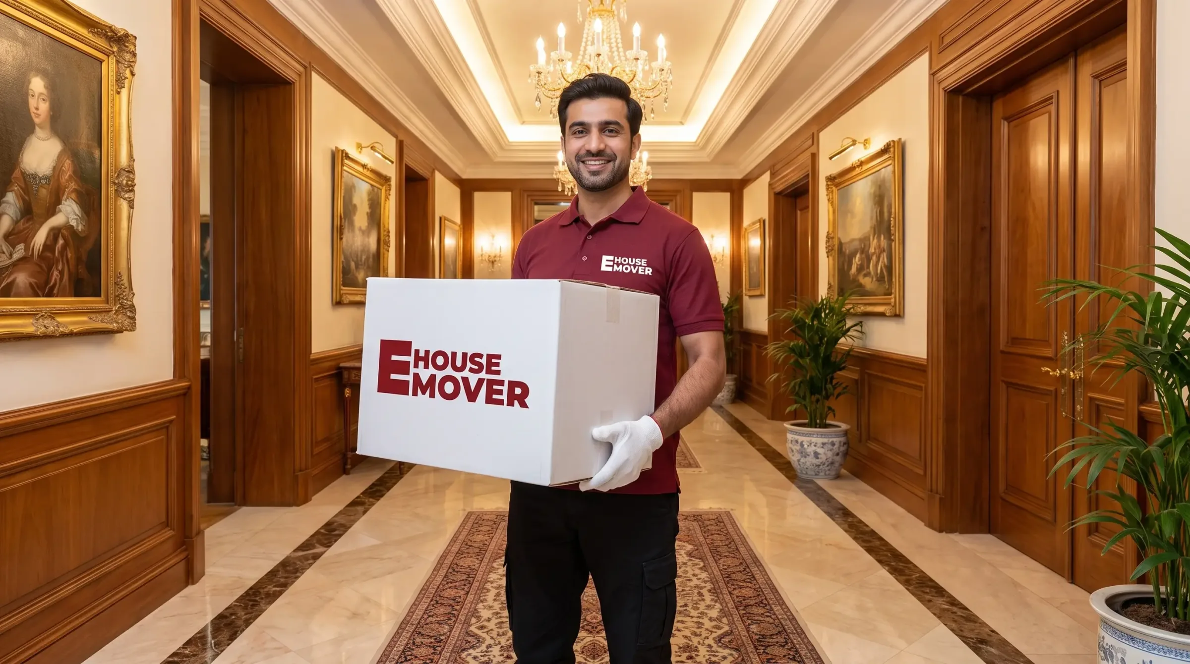 E House Mover Team Carrying Packed Box Safely