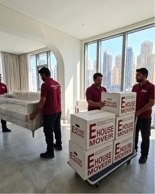E House Mover Team Moving Furniture Inside Apartment