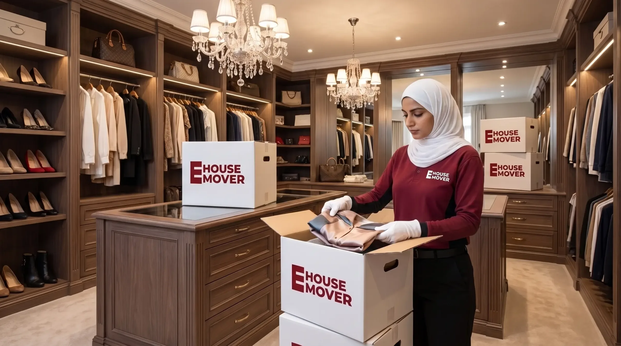 E House Mover Team Packing Clothes for Safe Relocation