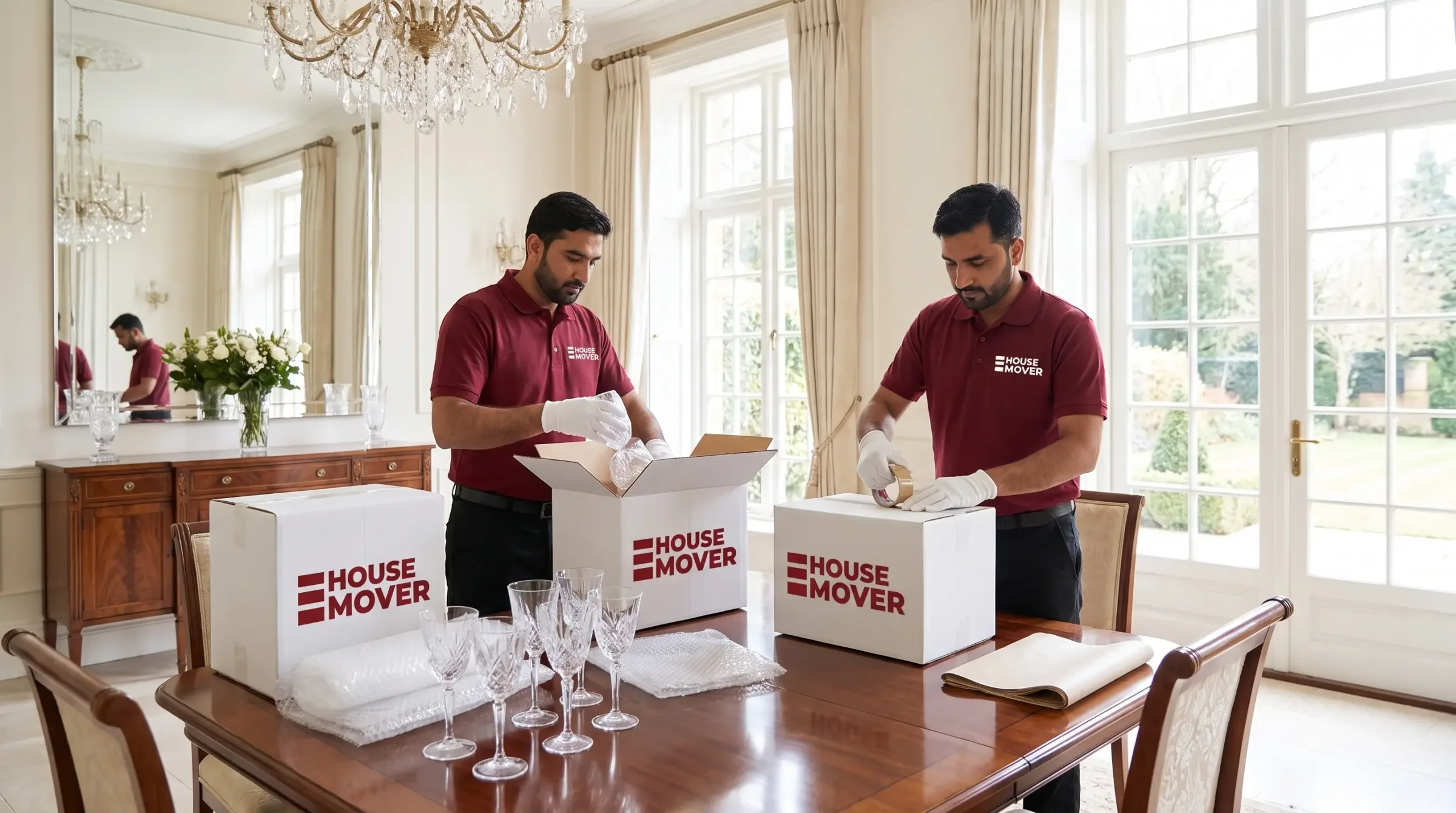 E House Mover Team Packing Crystal Glassware Safely