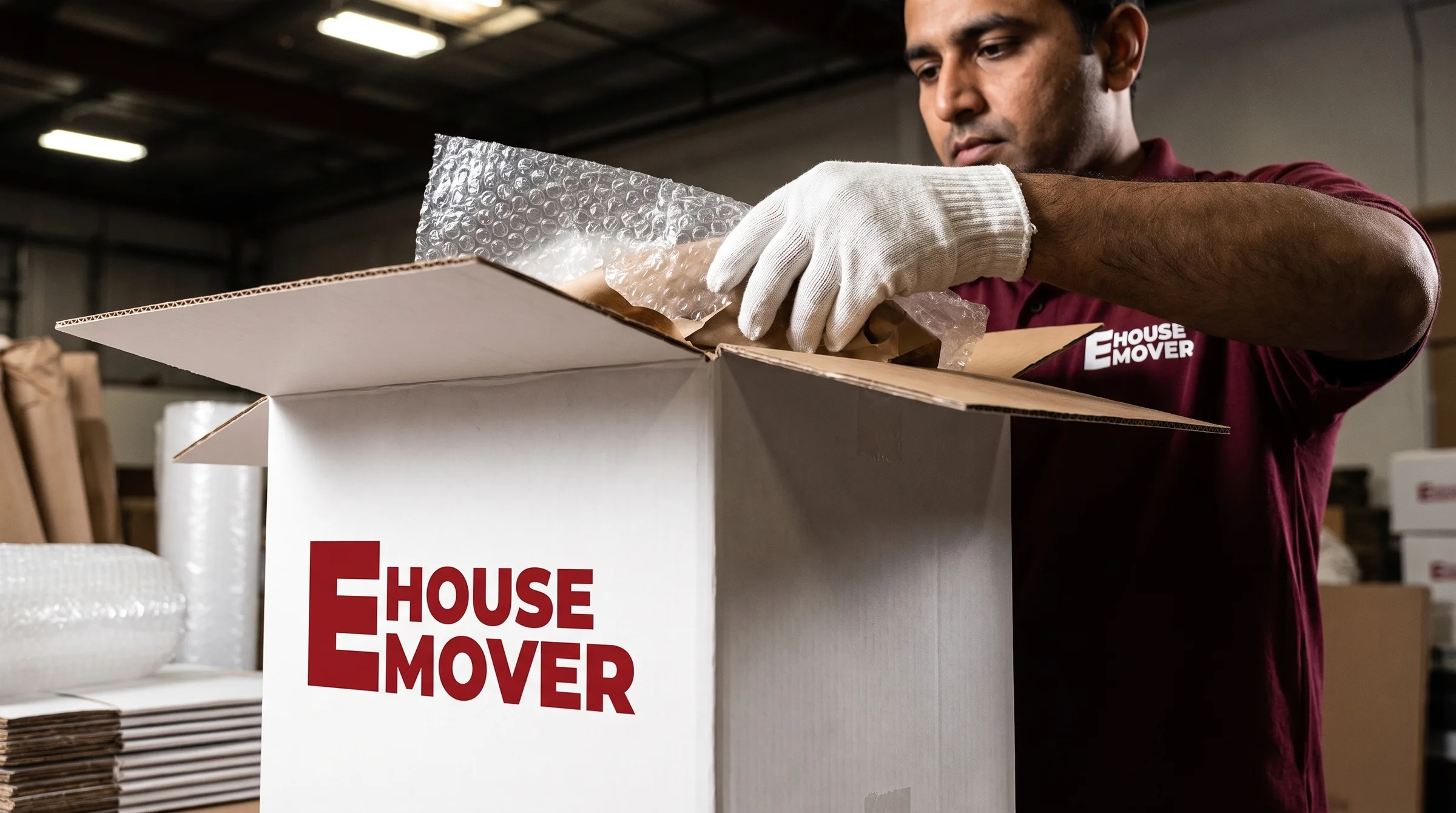 E House Mover Team Packing Moving Box Safely