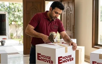 E House Mover Team Sealing Packing Boxes Safely
