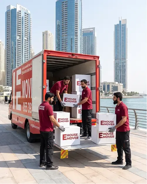 E House Mover Team Securing Furniture for Safe Transport