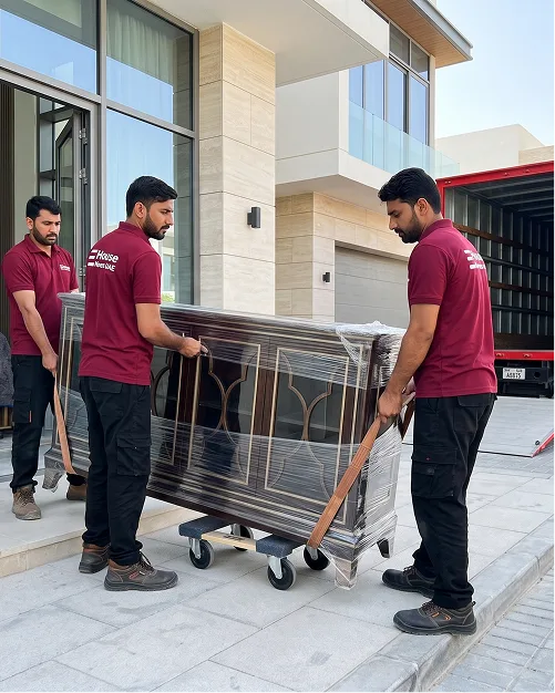 E House Mover Team Wrapping Artwork for Safe Moving