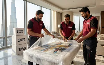 E House Mover Team Wrapping Artwork for Safe Moving