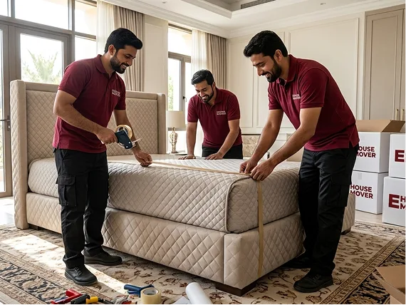 E House Mover Team Wrapping Bed for Safe Moving