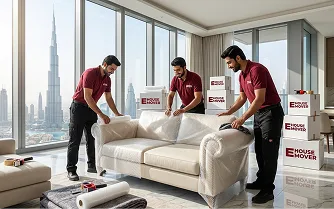 E House Mover Team Wrapping Sofa for Safe Moving