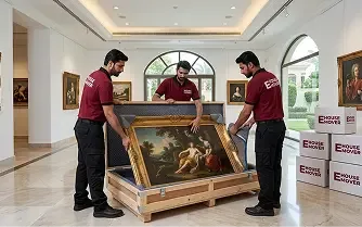 E House Mover team carefully packing and handling framed artwork for a villa move in Dubai.