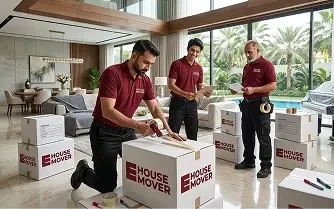 E House Mover team packing boxes for a villa move in Dubai.