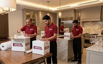 E House Mover team packing kitchen items for a villa move in Dubai.
