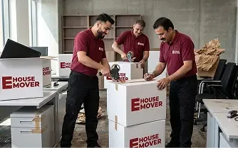 E House Mover team packing office boxes for relocation in Dubai.
