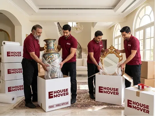 E House Movers Team Carefully Packing Fragile Items for Relocation