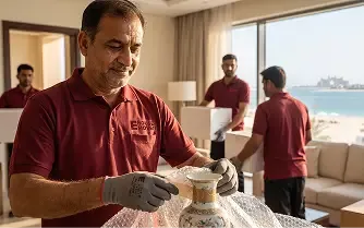 Mover carefully wrapping fragile decor items during relocation in Dubai.