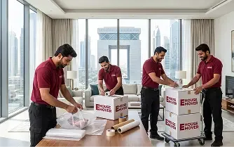 Movers packing boxes and furniture inside a Dubai apartment.