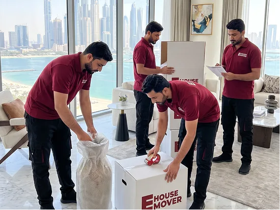 Movers packing boxes and protecting furniture inside a Dubai apartment.