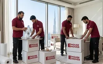 Movers packing boxes inside a luxury Dubai apartment.