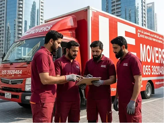 Movers team planning relocation with truck in Dubai.