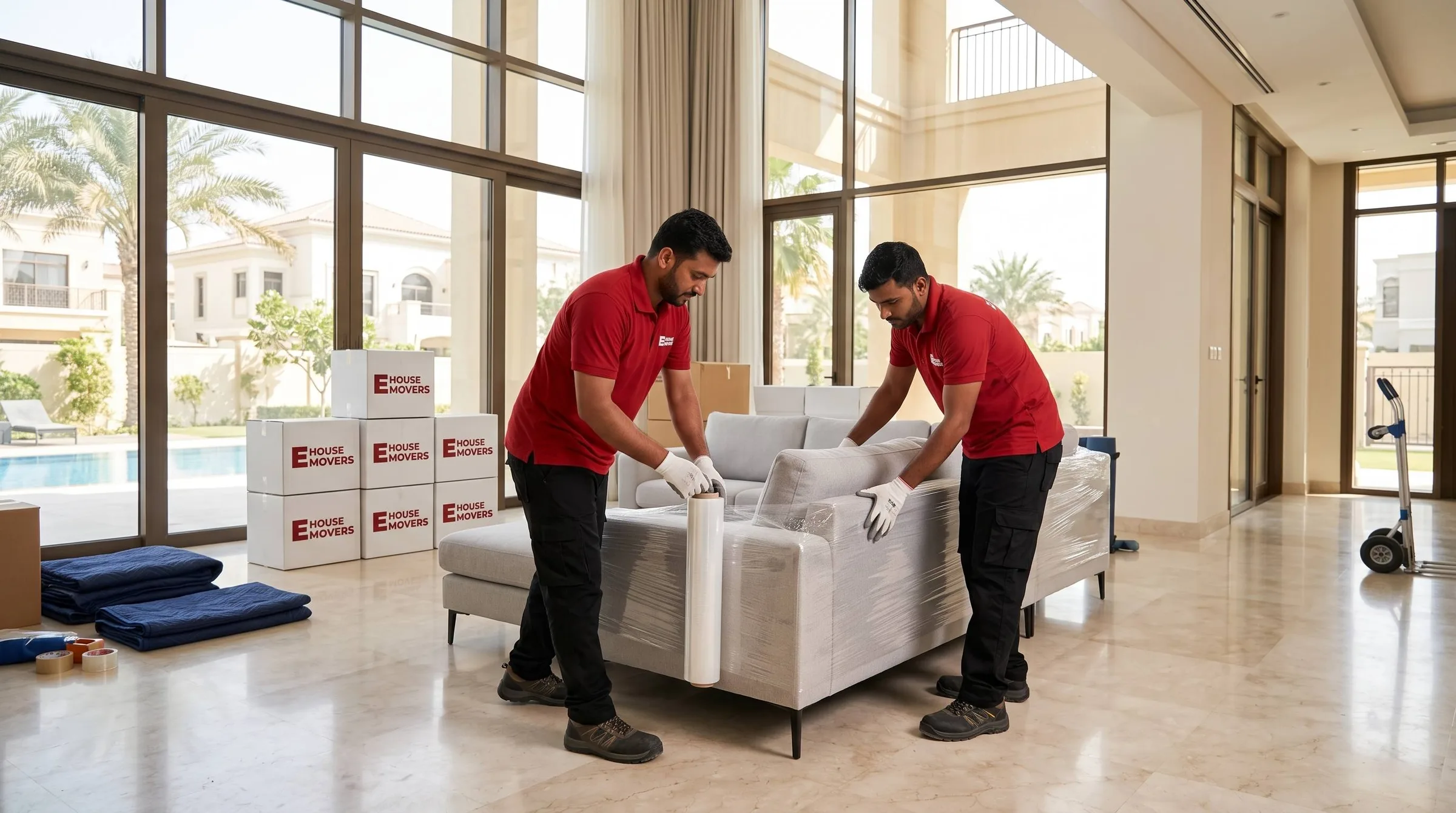 Movers wrapping modern sofa
