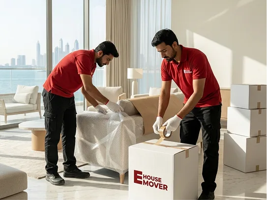 two crews are packing sofa and labeling the box
