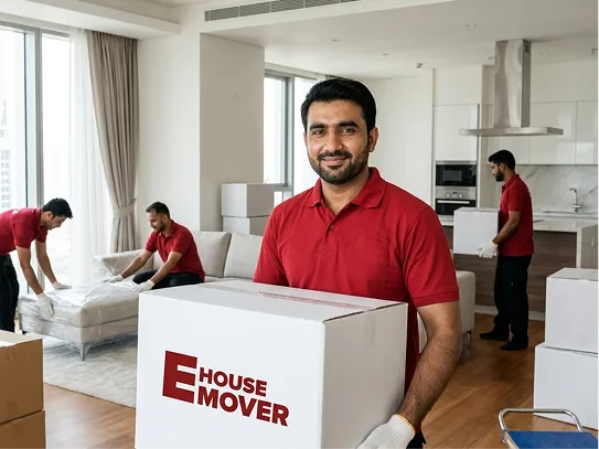 Crew carrying official boxes of E House Mover UAE