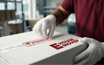 A crew member marking a carton 