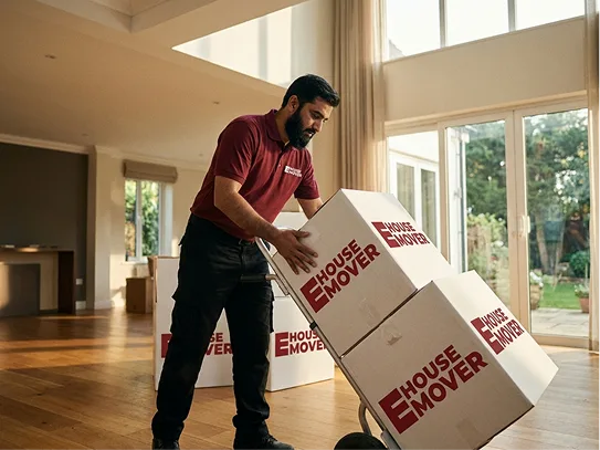 E House Mover UAE team shifting boxex of furniture items