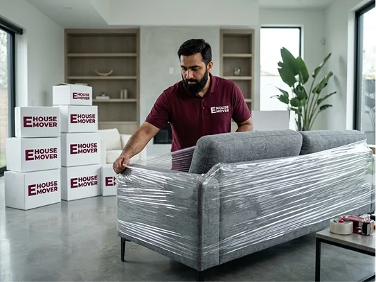 A crew member wrapping sofa