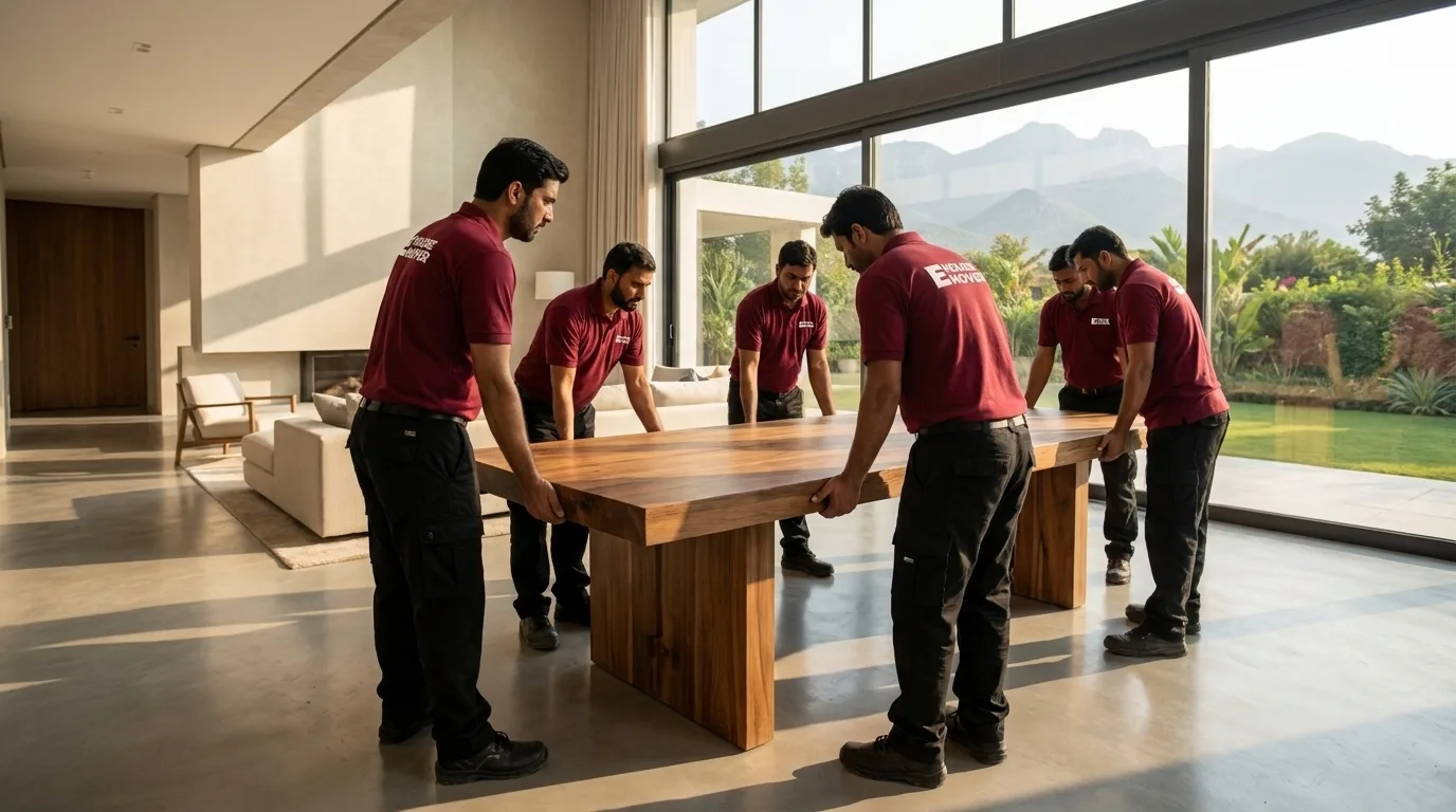 Crew dismantling table before moving