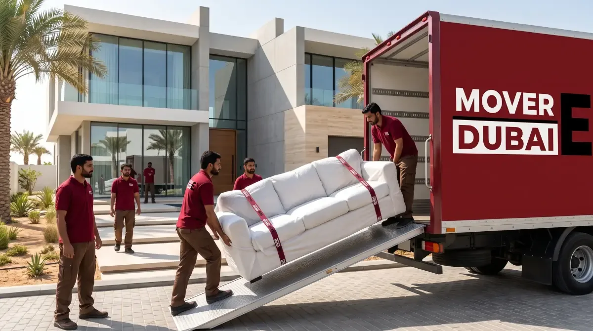 Four crew guiding a shrink-wrapped three-seat sofa down the truck ramp outside a modern white villa