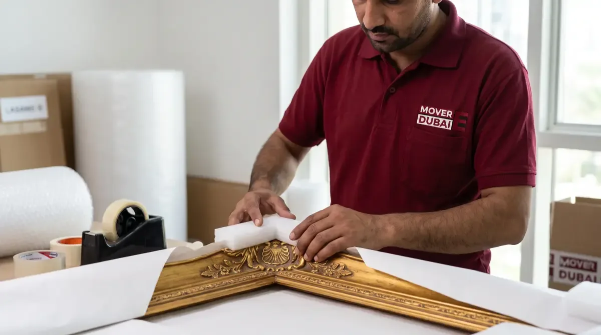 A crew member wrapping the gilt corner of a picture frame in protective foam before it is boxed