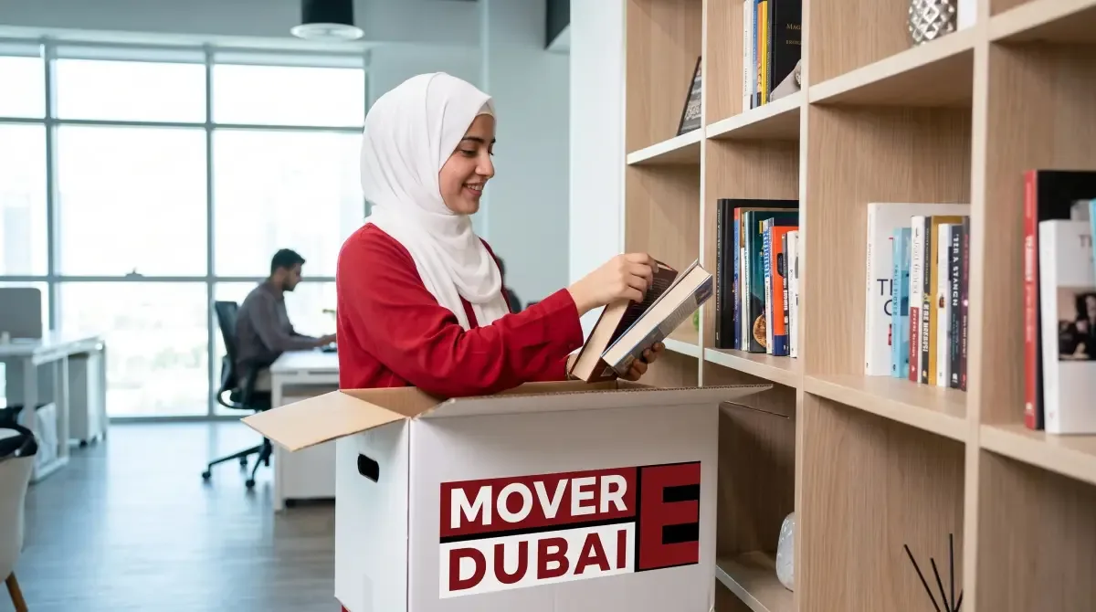 A crew member lifting books from an office shelving unit into an open carton