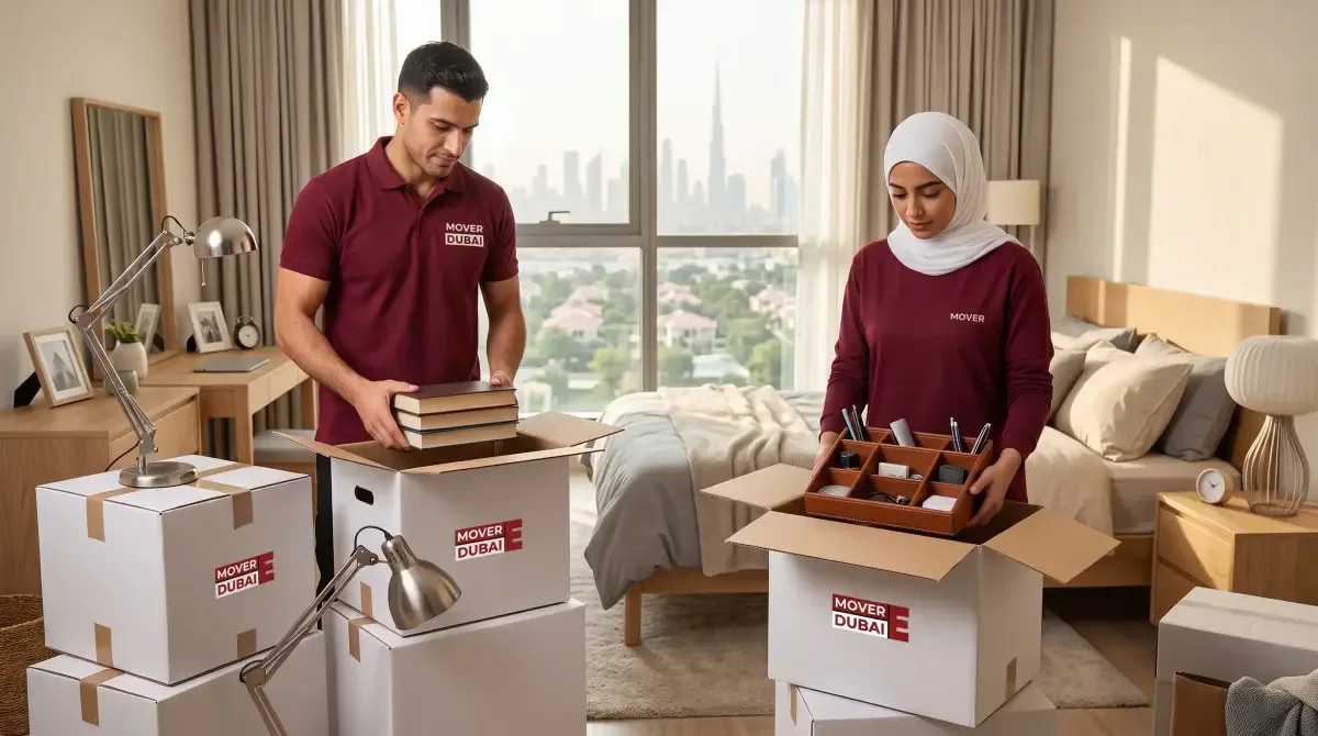 Two crew packing books and a desk organiser into labelled cartons in a bedroom, the Dubai skyline through the window
