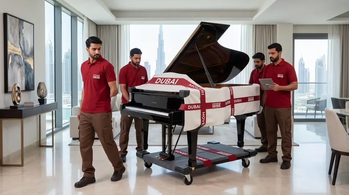 Four crew moving a covered grand piano on a wheeled board across a high-rise apartment living room