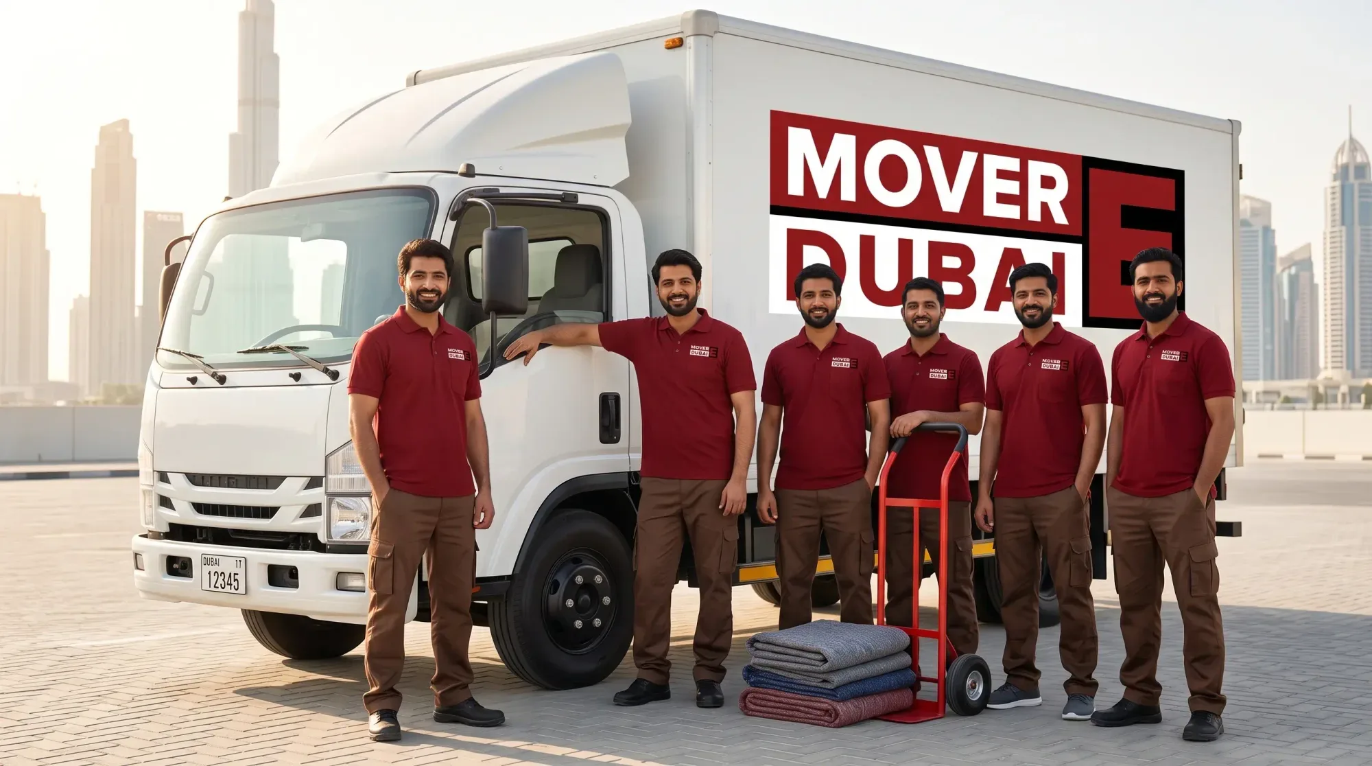 Six eHouse Movers crew in maroon polo shirts beside their white box truck with a hand trolley and folded moving blankets
