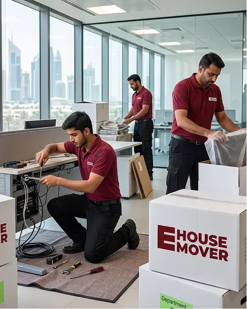 A crew member disconnecting a workstation while a colleague wraps a monitor in an office overlooking the Dubai skyline
