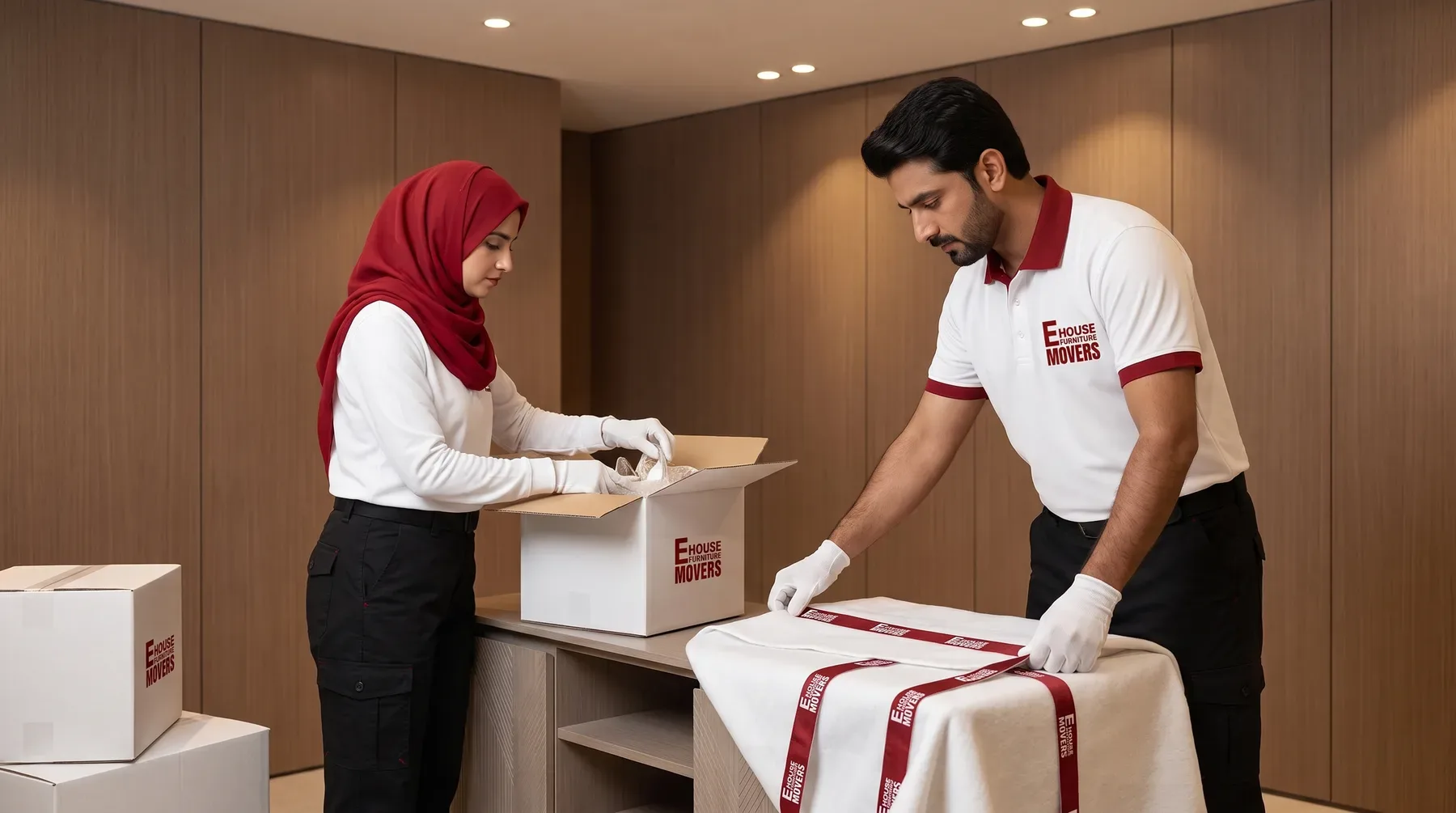 Two movers packing a carton on the counter of a wood-panelled dressing room, a wrapped item laid out beside it