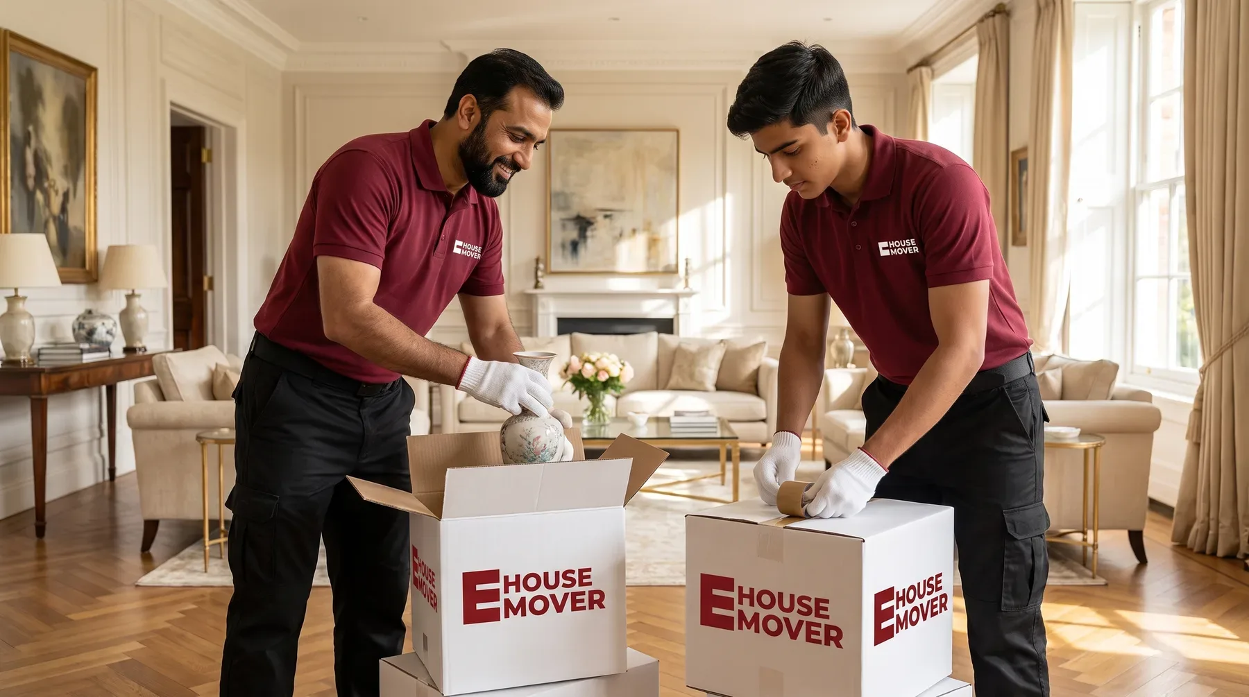 Two movers in maroon polos packing ornaments into branded cartons in a cream drawing room with tall curtains