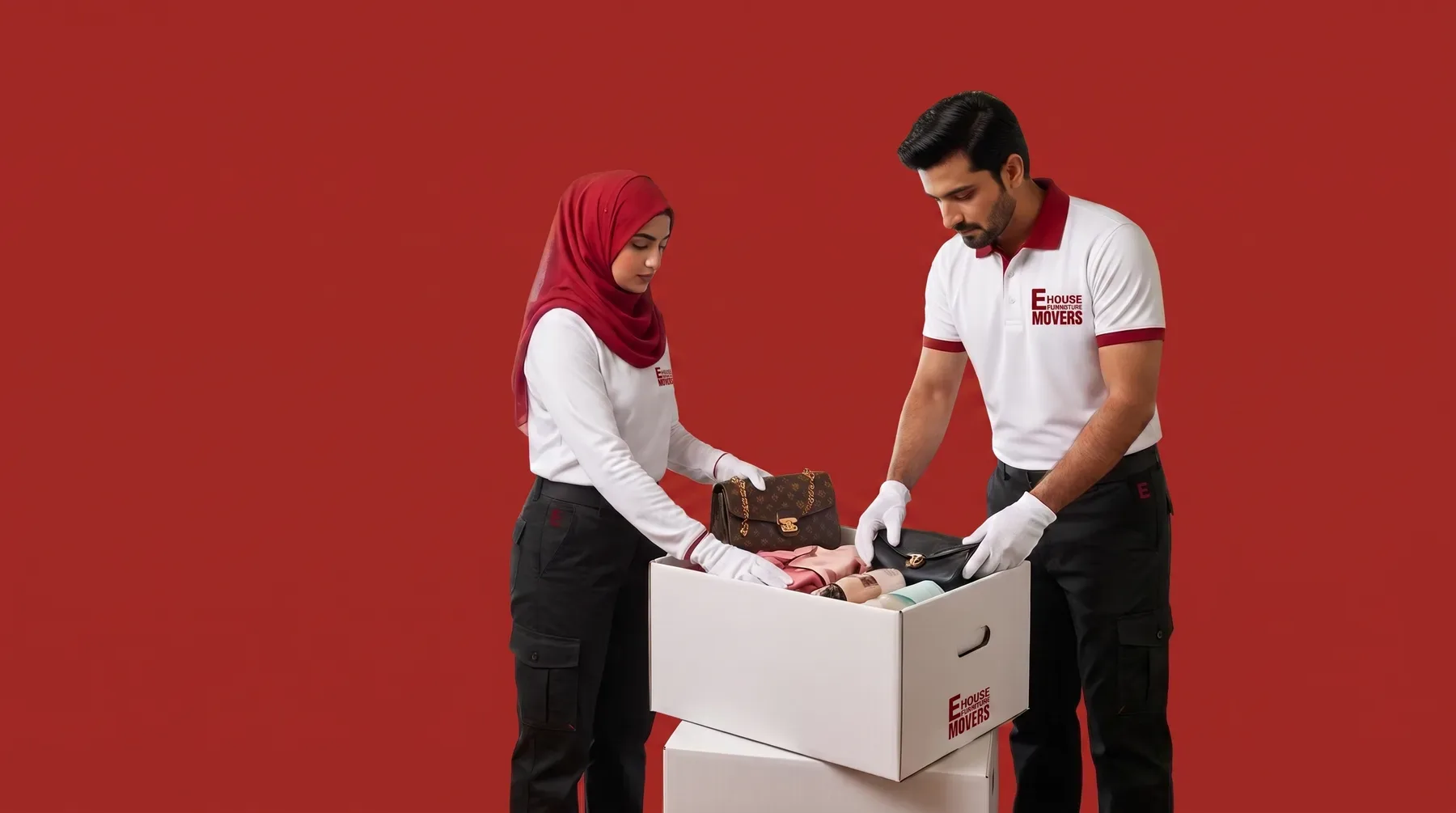 Two movers packing a branded carton together, photographed against a flat red background