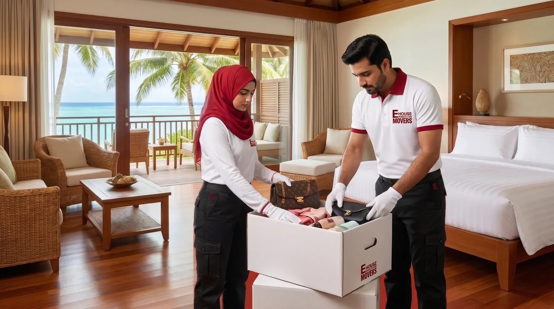 Two movers packing a carton in a sea-facing bedroom with the terrace doors open behind them