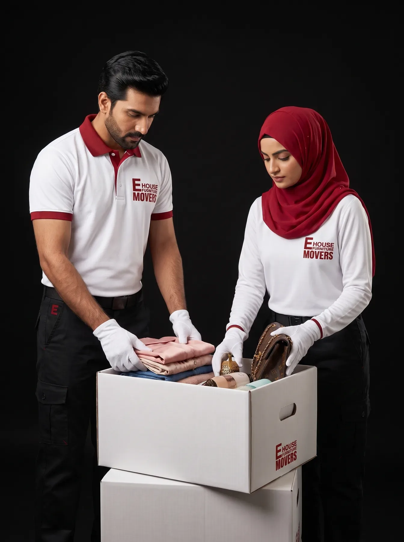 Two movers folding the flaps of a branded carton closed between them, against black