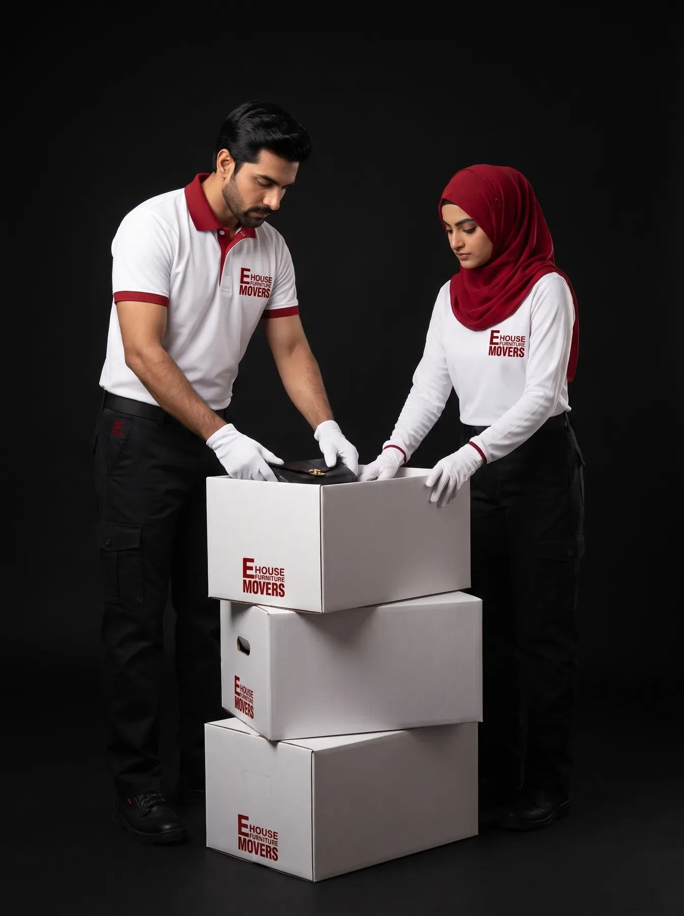 Two movers packing the top carton of a stack of three branded cartons, against black