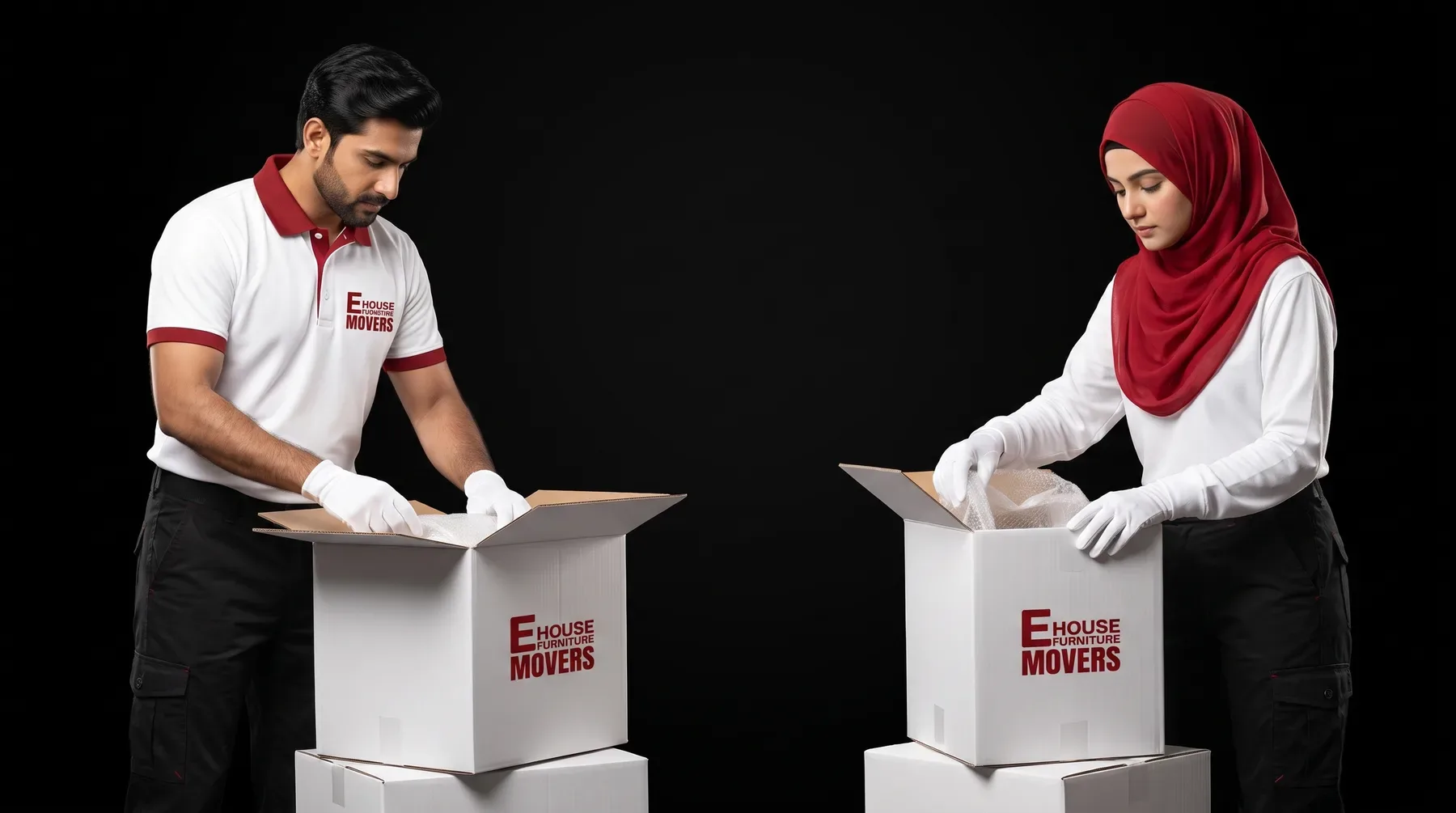 Two movers in white gloves packing a branded carton each, side by side against black