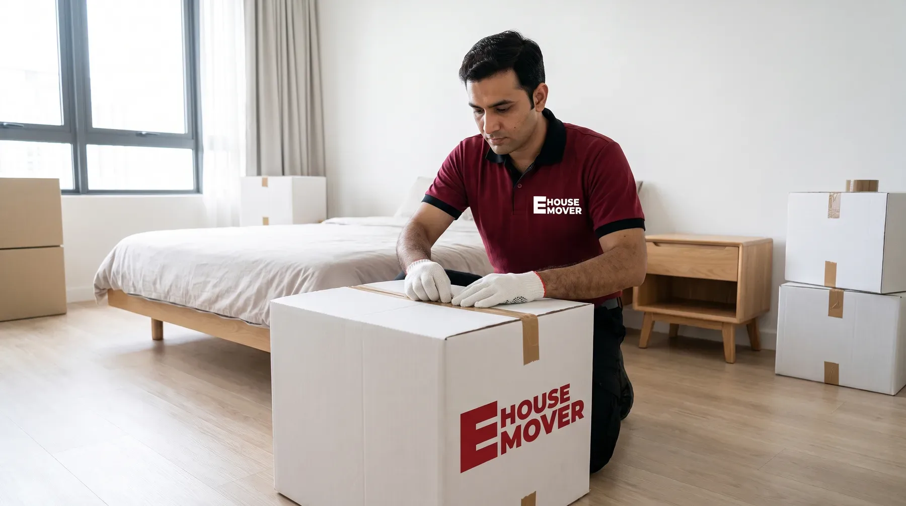 A mover kneeling to tape a branded carton closed in a bedroom, further cartons stacked by the wall