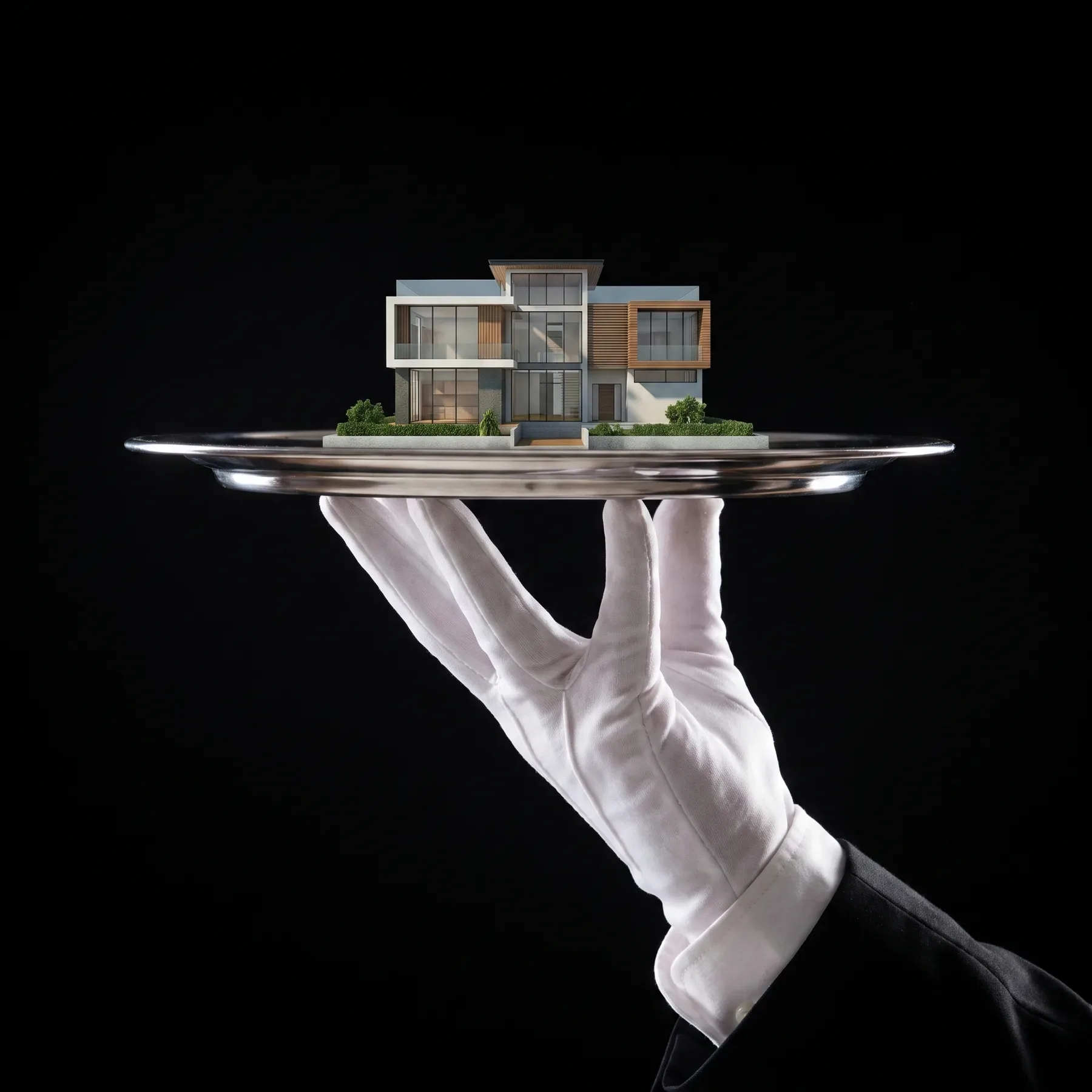 A white-gloved hand holding a silver salver with a scale model of a modern villa on it, against black